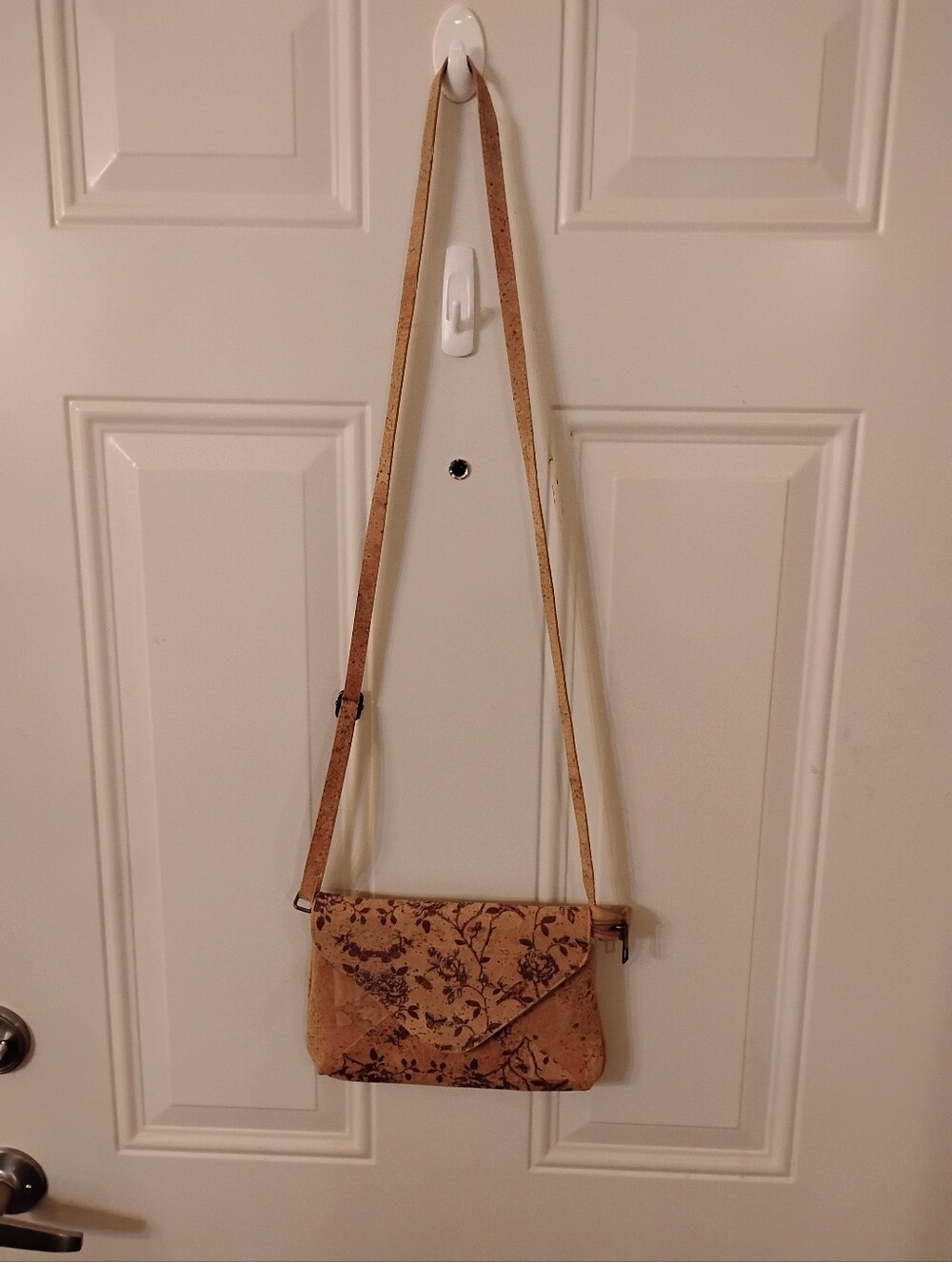 Tan Floral Cork Crossbody Clutch with Adjustable Strap